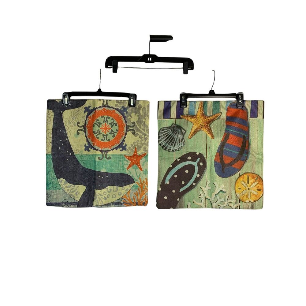 Tropical Coastal Pillow Covers Set of 2 17x17 Whale Flip Flops Beach Nautical - Picture 9 of 9